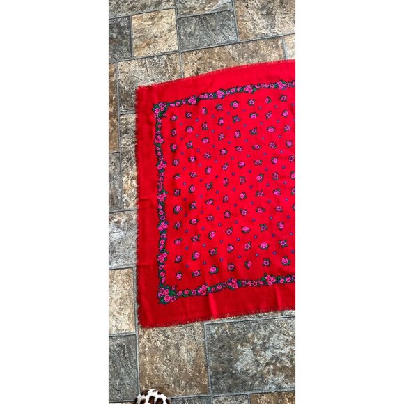 Vintage 1970’s LAINE 100% Wool Red Floral Scarf Handprinted Japan CA 00098 - Picture 6 of 9